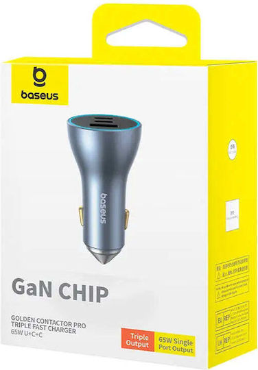 Baseus Golden Contactor Pro Handy-Autoladegerät 65W 9.5A mit Anschlüssen: 1xUSB 2xType-C Grau Farbe