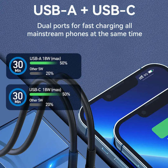 Wozinsky Φορτιστής Αυτοκινήτου 36W 5A με Θύρες: 1xUSB 1xType-C Μαύρος
