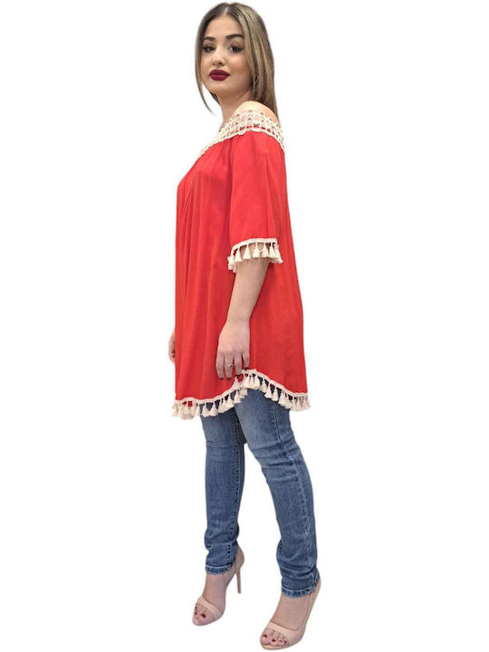 Women's Summer Blouse Off-Shoulder with 3/4 Sleeve Red