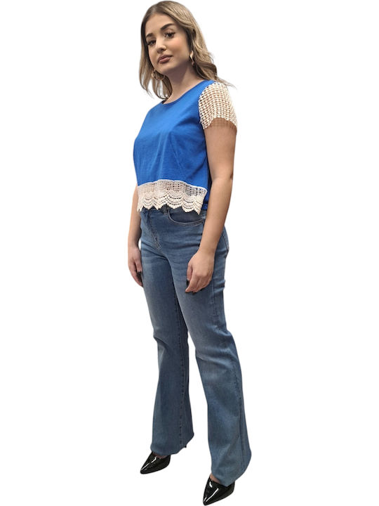 Women's Summer Blouse Cotton Short Sleeve Blue
