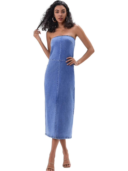 Γυναικείο Strapless Τζιν Φόρεμα Γαλαζιο