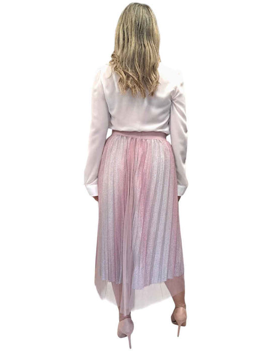 Remix Pleated Midi Skirt with Tulle in Pink Color