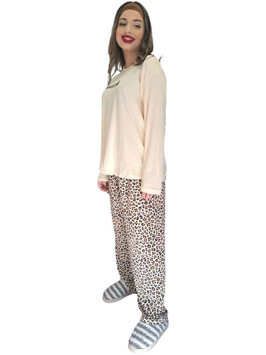 Remix Winter Damen Pyjama-Set Beige, Leopard