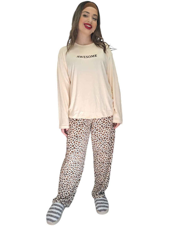 Remix Winter Damen Pyjama-Set Beige, Leopard