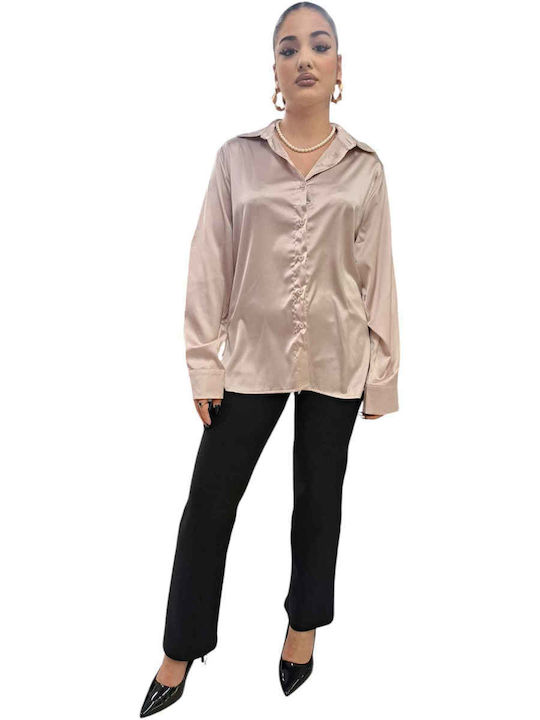 Women's Satin Long Sleeve Shirt Ecru