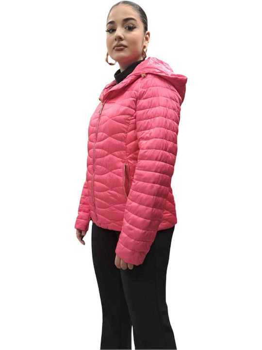 Women's Short Puffer Jacket for Spring or Autumn with Hood Fuchsia