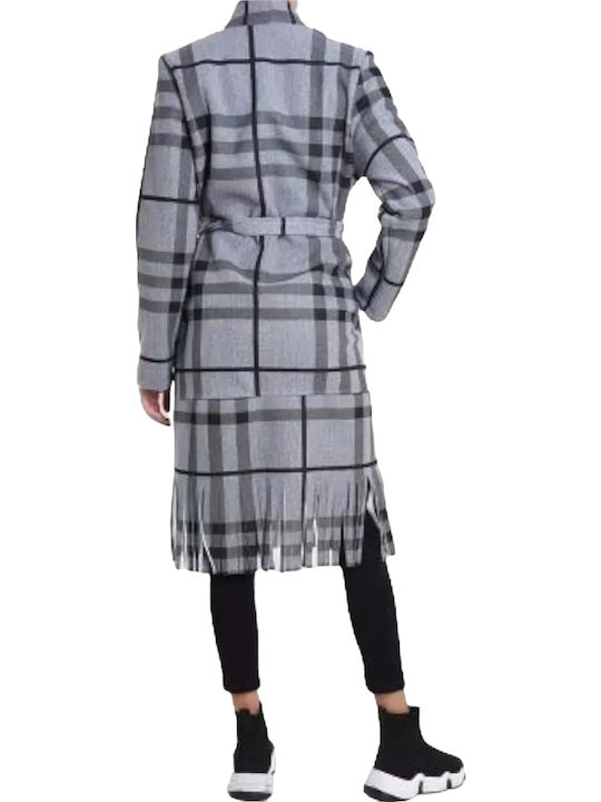 Women's Checked Gray Coat with Belt