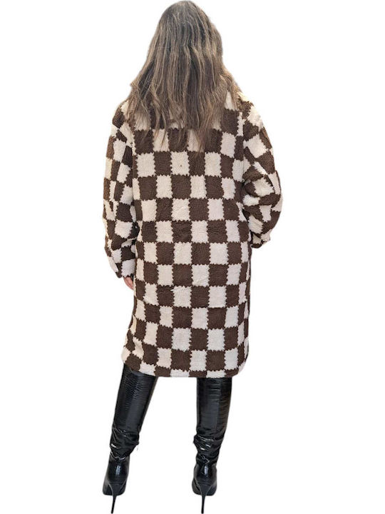Дамско Проверено Кафяв Палто Oversized с копчета