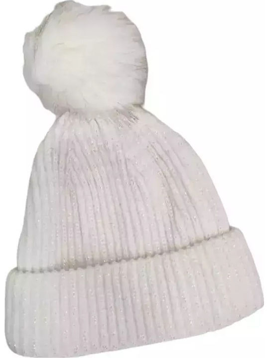 Pom Pom Beanie Γυναικείος Σκούφος με Rib Πλέξη σε Λευκό χρώμα