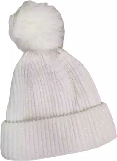 Pom Pom Beanie Frauen Beanie mit Rippstrick in Weiß Farbe