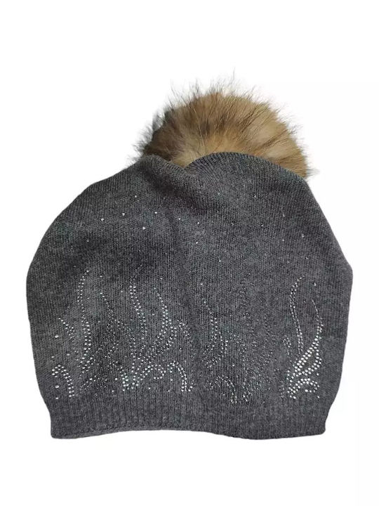 Pom Pom Beanie Γυναικείος Σκούφος Πλεκτός σε Γκρι χρώμα