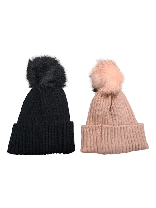Pom Pom Beanie Unisex Σκούφος Πλεκτός σε Ροζ χρώμα