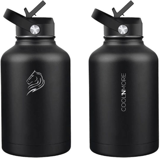 Cool'NMore Stainless Steel Thermos Bottle BPA Free 1.5lt Jet Black with Mouthpiece Loop Straw and Handle