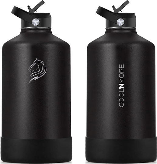 Cool'NMore Jet Thermos Bottle Stainless Steel BPA Free 4l Jet Black with Mouthpiece Loop Straw and Handle