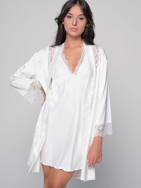 Milena by Paris Winter Bridal Women's Satin Robe with Nightdress Ivory Coast