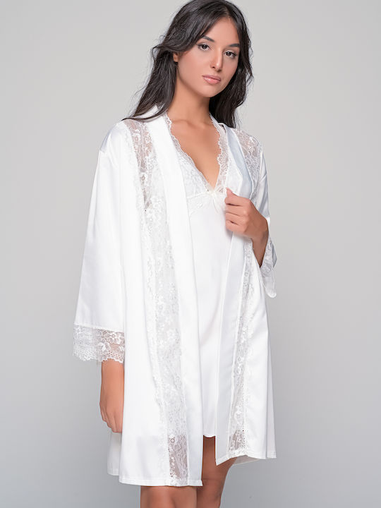 Milena by Paris Χειμερινή Νυφική Γυναικεία Σατέν Ρόμπα με Νυχτικό Ιβουάρ