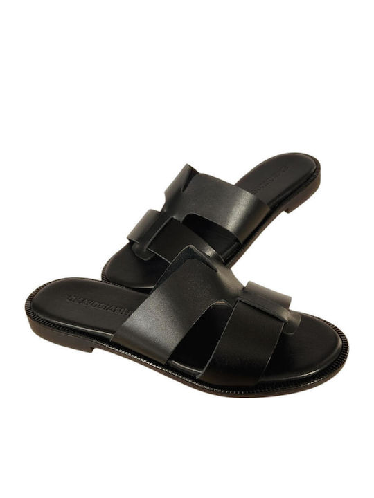 Leather Women's Flat Sandals in Black Color
