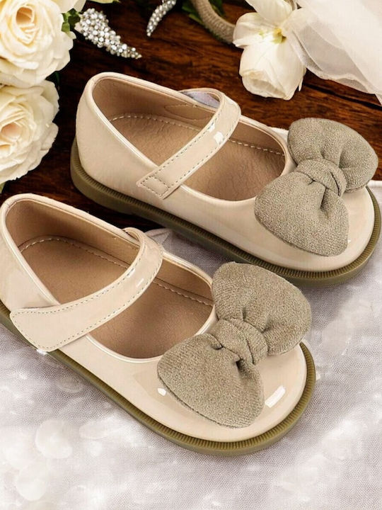 Kids Leather Ballerinas with Hoop & Loop Closure Beige