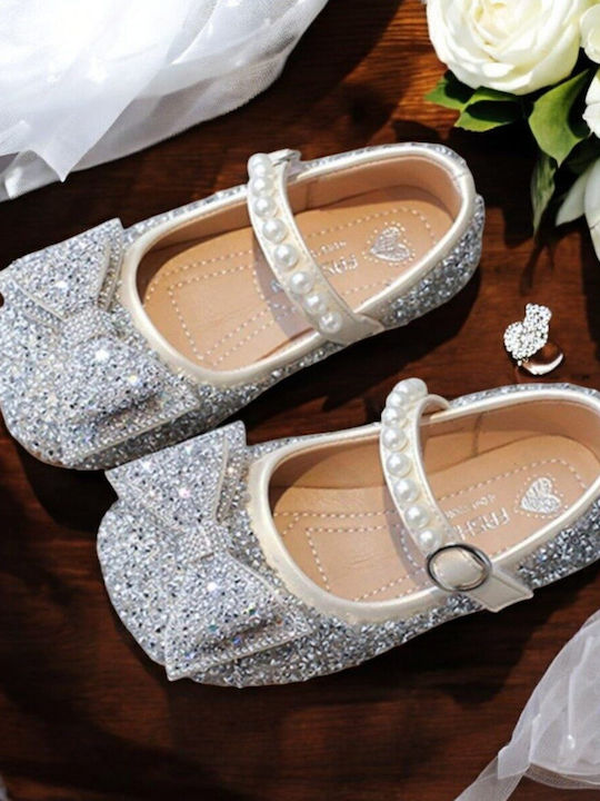 Kids Leather Ballerinas with Adjustable Metal Clasp Silver