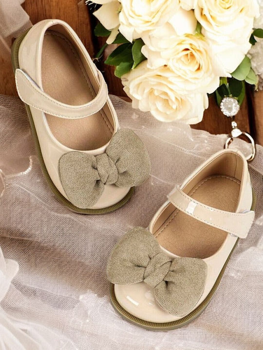 Kids Leather Ballerinas with Hoop & Loop Closure Beige