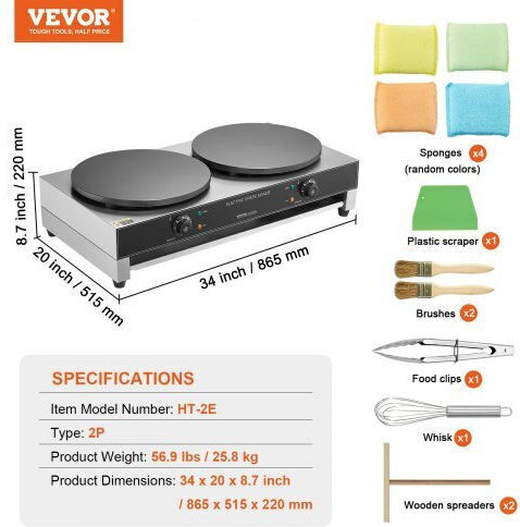 Vevor Double Commercial Electric Crepe Maker 3.4kW with Ø40.64cm Heating Plate