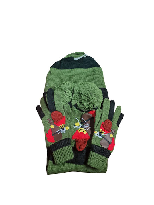 Kids Beanies Set with Scarf & Gloves Knitted Green