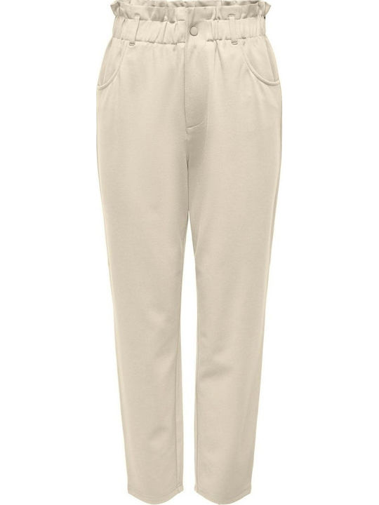 Damen Hoch tailliert Stoff Hose mit Gummizug in Karotten Passform Ecru