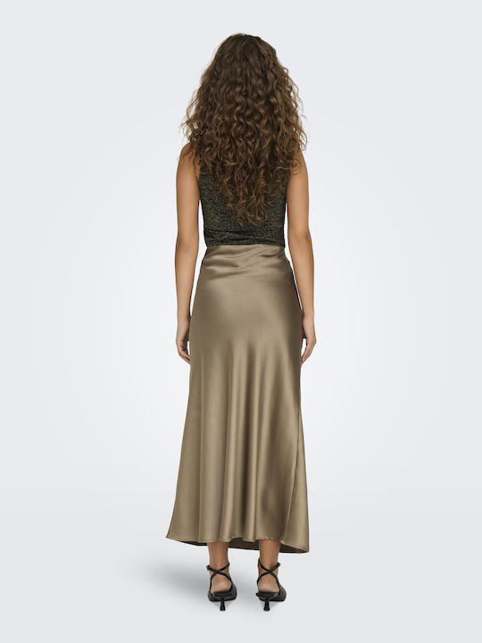 Only Satin High-waisted Midi Skirt in Brown Color