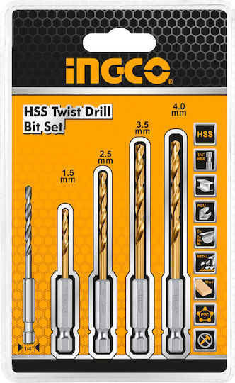 Ingco Set of 4 Drills HSS with Hexagonal Shank for Metal και Wood