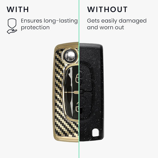 Peugeot Citroen Car Key Case Silicone Keychain Flip Key 2 Buttons Metallic Carbon Fiber Gold Black Kwm000025gd001c