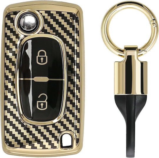 Peugeot Citroen Car Key Case Silicone Keychain Flip Key 2 Buttons Metallic Carbon Fiber Gold Black Kwm000025gd001c