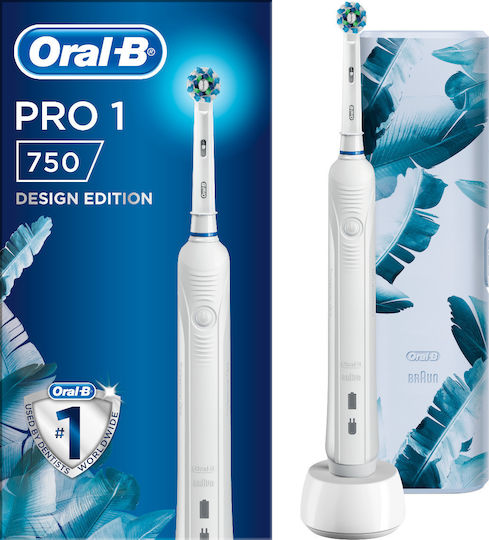 Oral-B Pro 1 750 Design Edition Ηλεκτρική Οδοντόβουρτσα με Χρονομετρητή, Αισθητήρα Πίεσης και Θήκη Ταξιδίου Λευκή