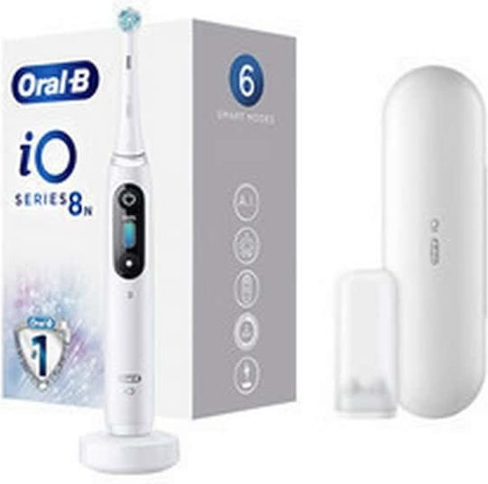 Oral-B Alabaster Series Io8 Periuță de dinți electrică cu Senzor de Presiune și Husă de Călătorie Albă