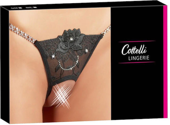 Cottelli Collection Crotchless Thong with Rhinestones Femei Sexy Șir de caractere cu decupaje Black