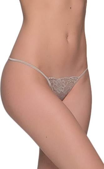 Milena by Paris Γυναικείο Sexy String Micro G-String Δαντέλα με Μεταλλικό Κρικάκι Μπεζ