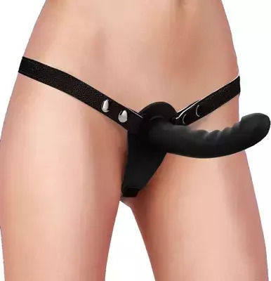 Shots Silicone Ribbed Harness με Dildo 15.5cm σε Μαύρο Χρώμα