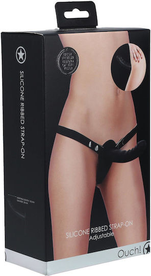 Shots Silicone Ribbed Harness με Dildo 15.5cm σε Μαύρο Χρώμα