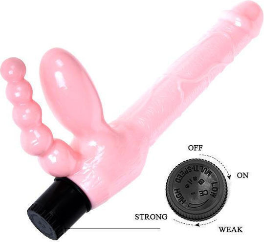 Baile Strapless Dildo With Anal Plug Strapless Strap On με Τριπλό Dildo και Δόνηση στο χρώμα του δέρματος