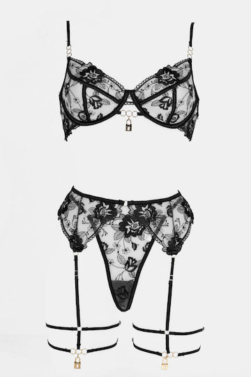 Decoro Sexy Σετ Εσωρούχων με Διαφάνεια & Ζαρτιέρες Μαύρο