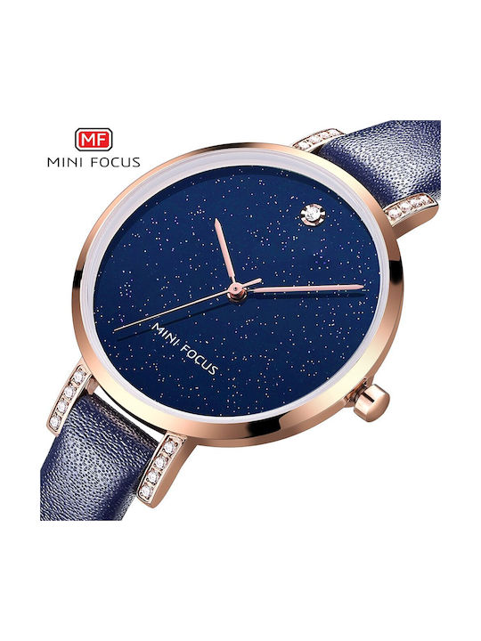 Mini Focus Γυναικείο Ρολόι 34mm Μπαταρίας με Μπλε Δερμάτινο Λουράκι