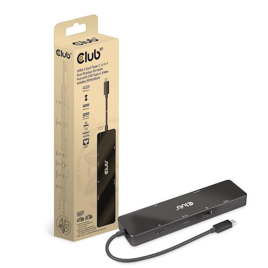 Club3D USB-C Stație de andocare cu HDMI 4K PD Ethernet și conexiune 2 monitoare Negru (CSV-1584)