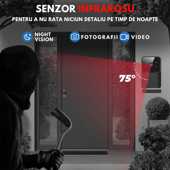 Clopoțel Fără Fir Pentru Ușă Wi-Fi / Bluetooth Negru