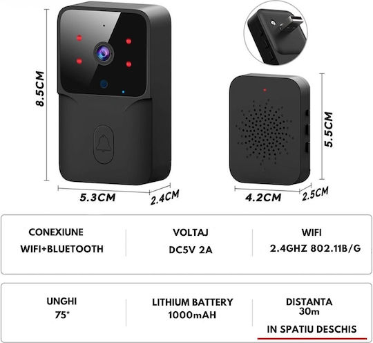 Clopoțel Fără Fir Pentru Ușă Wi-Fi / Bluetooth Negru