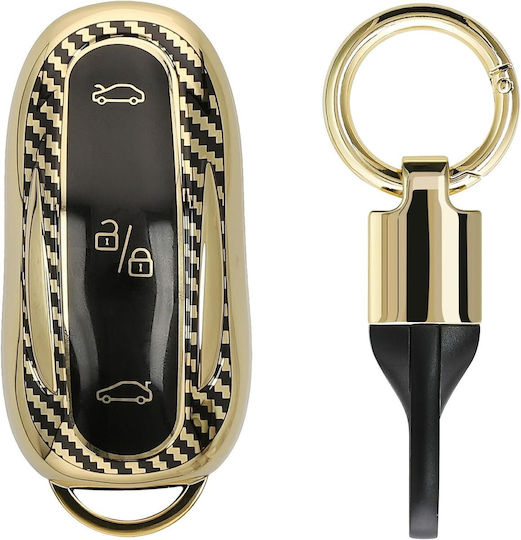 Tesla Car Key Cover Silicone Keychain Metallic Carbon Fiber Gold Black Kwm000025gs001c