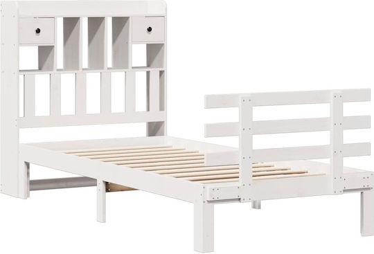 Pat Single Din Lemn Masiv Alb Cu Plăci Potrivit Pentru Saltea 75x190cm