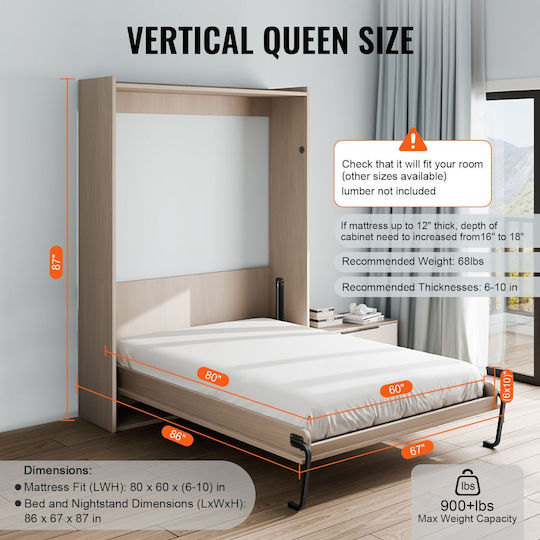 Vevor Murphy Bed Kit Queen Size Vertical Deluxe DIY Folding Wall Bed