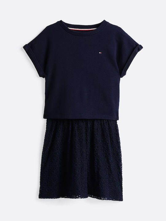 Kids Dress Short Sleeve with Lace Floral Dark Night Navy