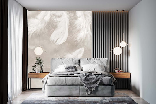 Contemporary Beige Wall Mural Living Room Feathers on Concrete 197x296
