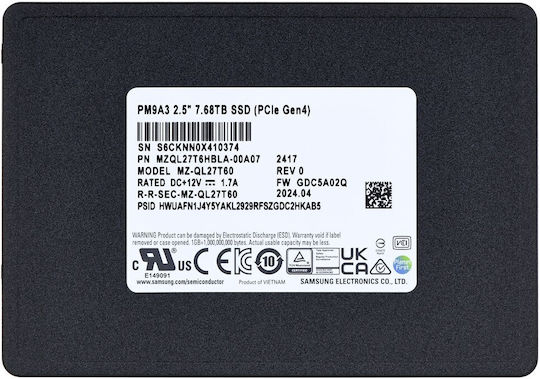 Samsung PM9A3 SSD 7.6TB τύπου 2.5'' με σύνδεση PCI Express 4.0 GM-121905 Bulk