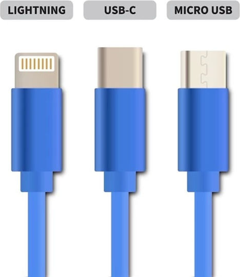 Geti Retractable USB to micro USB / Lightning / Type-C 1m Cable Blue